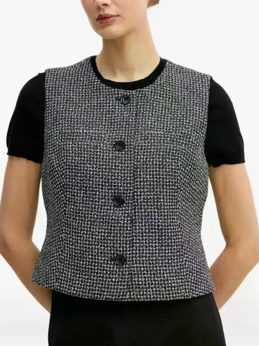 NWT DKNY Tweed Button Front Vest Size 14 Black White Style UK5TV354 MSRP $99